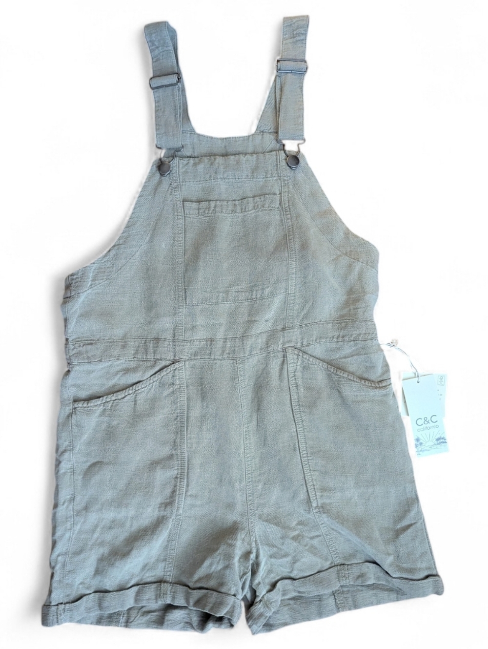 C&C California Light Sage Green Linen Romper Overalls